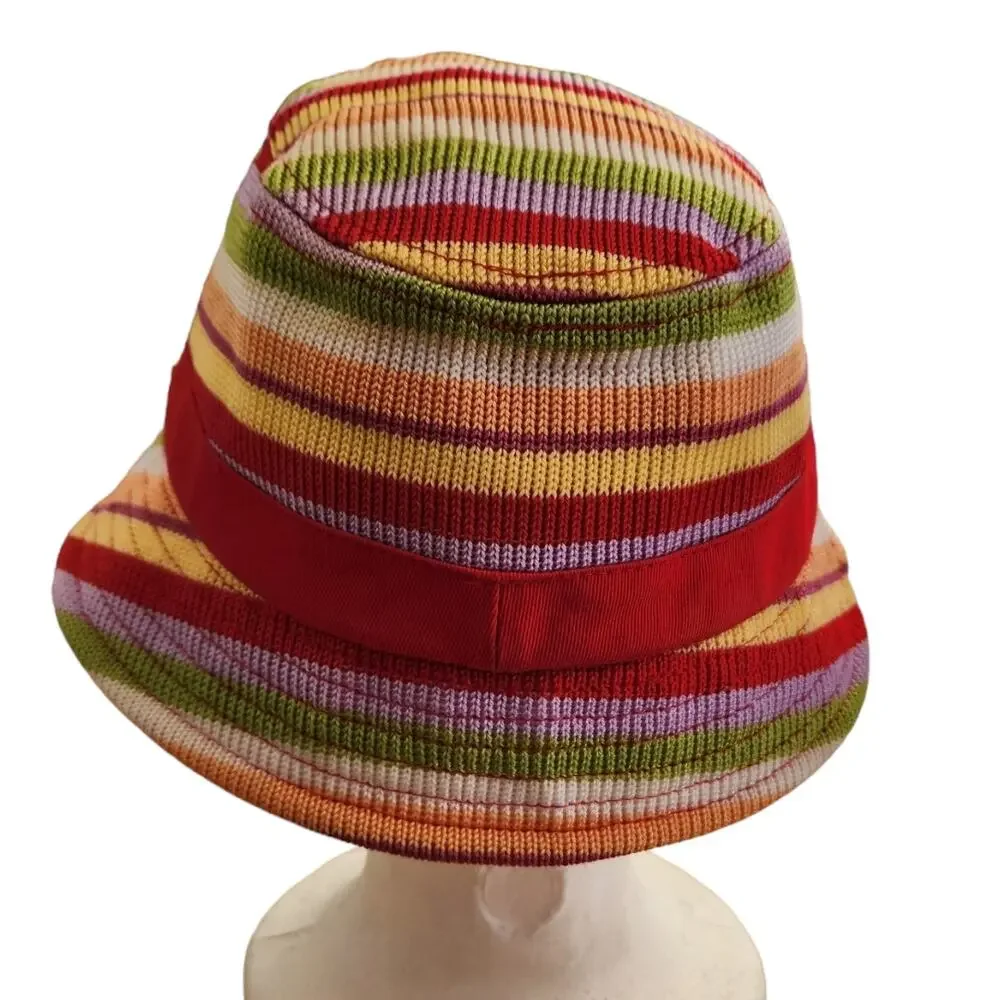 The Sak Knit Red Multi Color Rainbow Stripe Bucket Sun Beach Resort Hat NWOT
